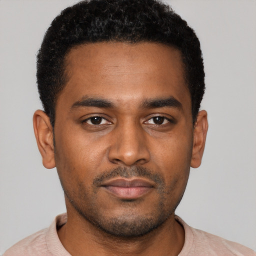 Neutral black young-adult male with short  black hair and brown eyes