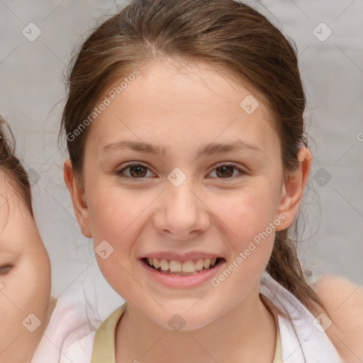 Joyful white child female with medium  brown hair and brown eyes