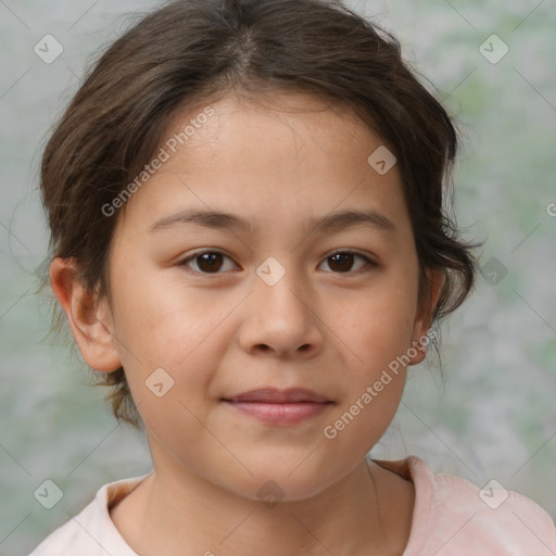 Joyful white child female with medium  brown hair and brown eyes