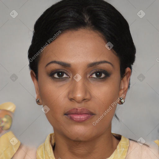 Joyful asian young-adult female with medium  black hair and brown eyes