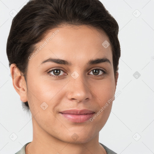 Joyful white young-adult female with short  brown hair and brown eyes