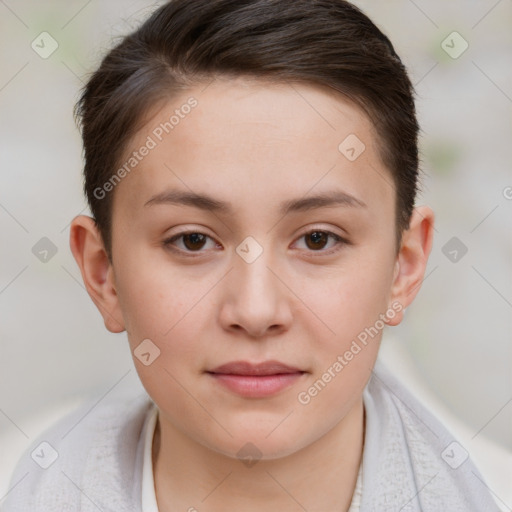 Neutral white young-adult female with short  brown hair and brown eyes