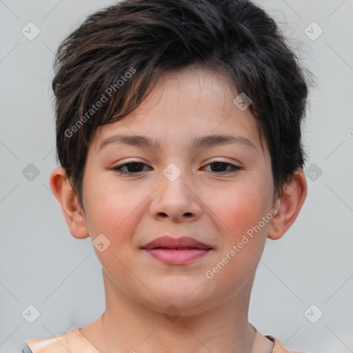 Joyful white child female with short  brown hair and brown eyes