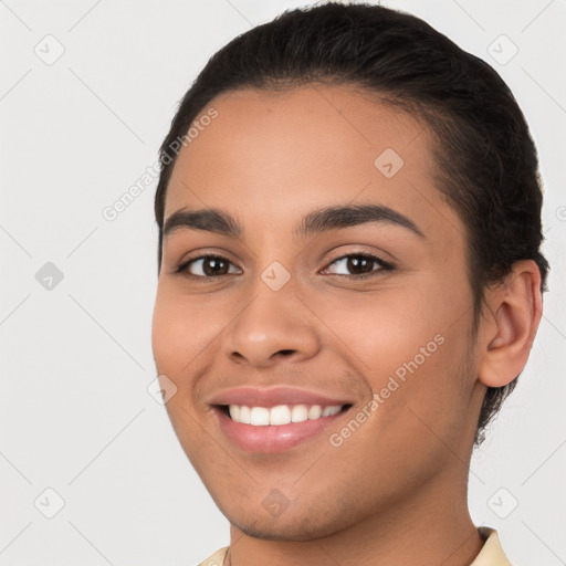 Joyful white young-adult female with short  brown hair and brown eyes