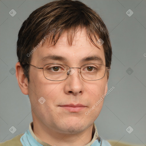 Neutral white adult male with short  brown hair and brown eyes