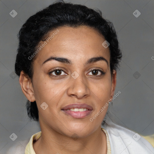 Joyful latino young-adult female with short  brown hair and brown eyes