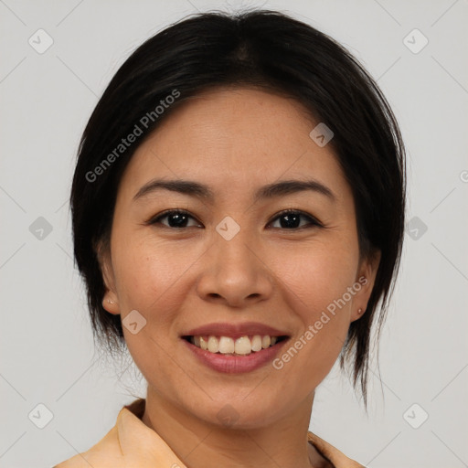 Joyful white young-adult female with medium  brown hair and brown eyes