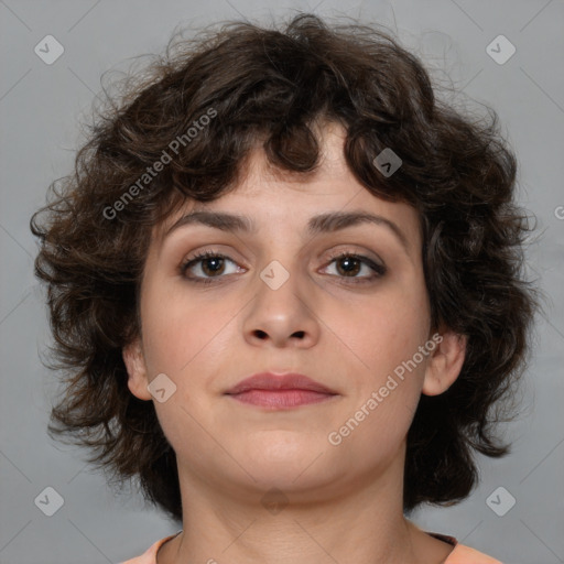 Neutral white young-adult female with medium  brown hair and brown eyes