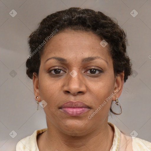 Joyful black adult female with short  brown hair and brown eyes