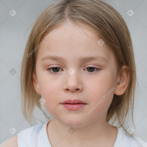 Neutral white child female with medium  brown hair and blue eyes