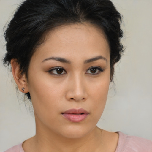 Neutral asian young-adult female with medium  brown hair and brown eyes