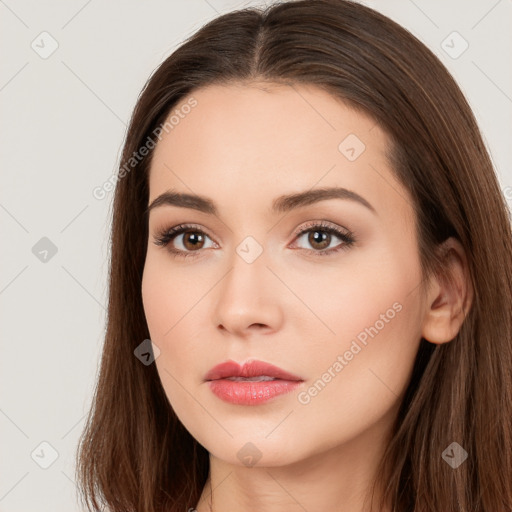 Neutral white young-adult female with long  brown hair and brown eyes