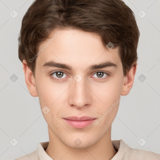 Neutral white young-adult male with short  brown hair and brown eyes