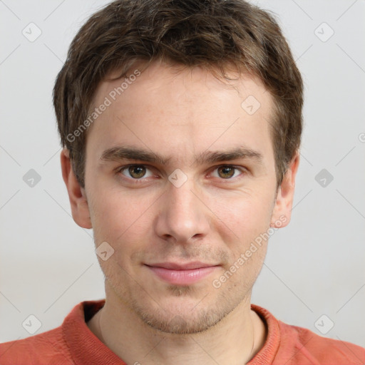 Neutral white young-adult male with short  brown hair and grey eyes