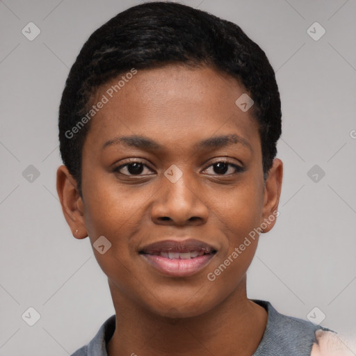 Joyful black young-adult female with short  brown hair and brown eyes