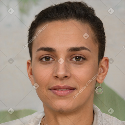 Joyful white young-adult female with short  brown hair and brown eyes