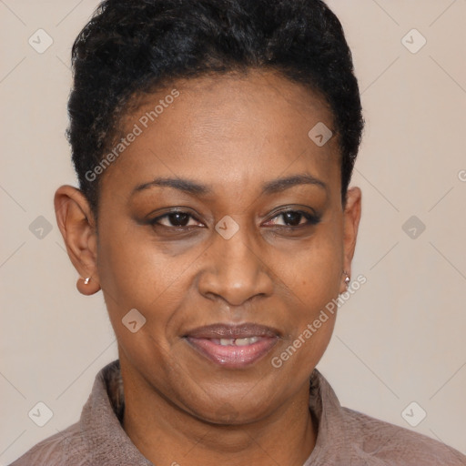 Joyful black adult female with short  brown hair and brown eyes