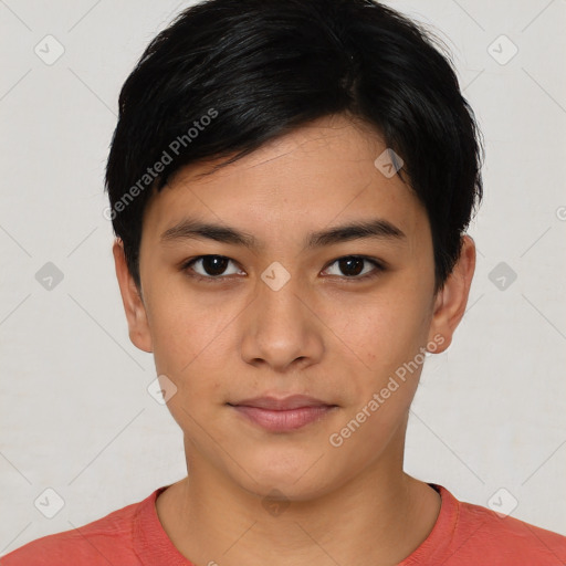 Neutral asian young-adult female with short  black hair and brown eyes