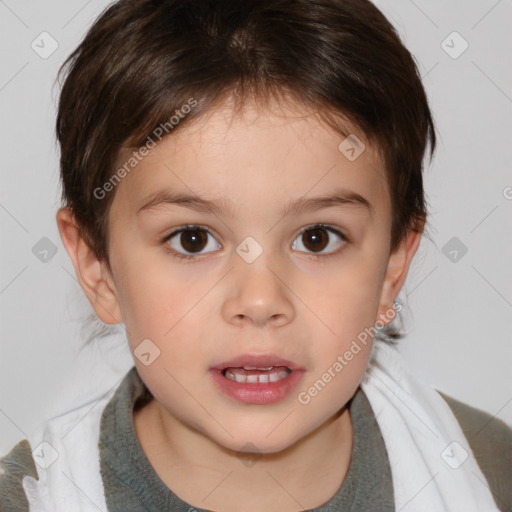 Joyful white child female with medium  brown hair and brown eyes