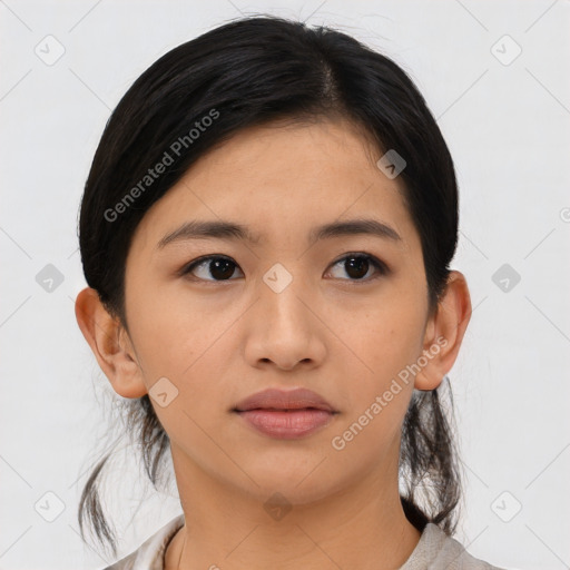 Neutral asian young-adult female with medium  black hair and brown eyes