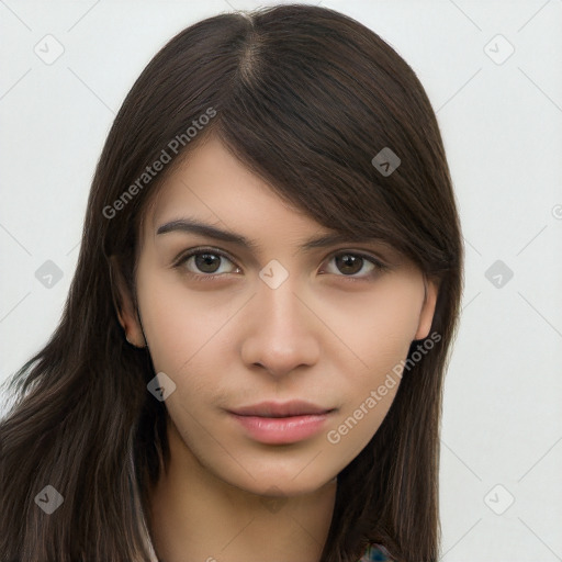 Neutral white young-adult female with long  brown hair and brown eyes