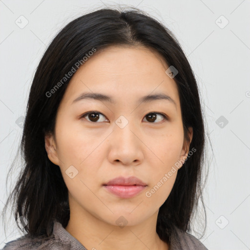 Neutral asian young-adult female with medium  brown hair and brown eyes