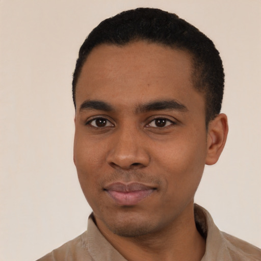 Neutral black young-adult male with short  black hair and brown eyes