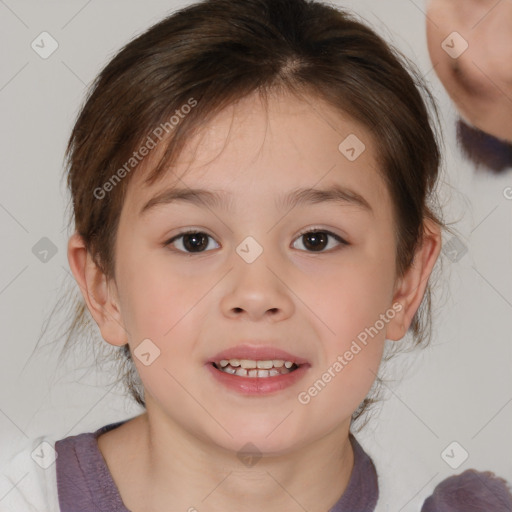 Joyful white child female with medium  brown hair and brown eyes