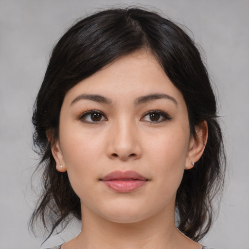 Neutral asian young-adult female with medium  brown hair and brown eyes