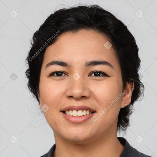 Joyful asian young-adult female with medium  black hair and brown eyes