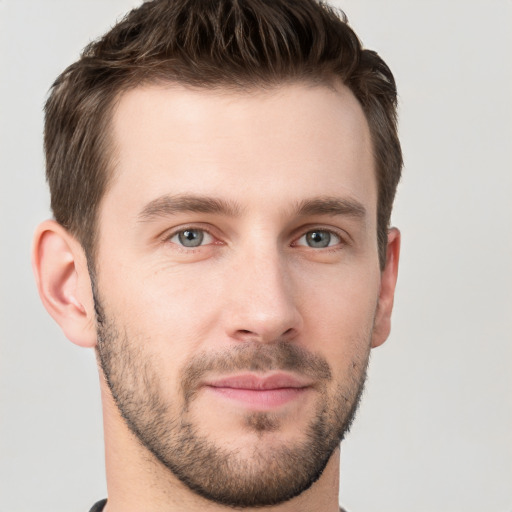 Joyful white young-adult male with short  brown hair and grey eyes