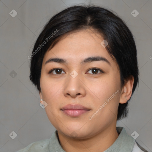 Neutral asian young-adult female with medium  black hair and brown eyes