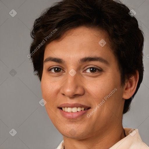 Joyful white young-adult female with short  brown hair and brown eyes