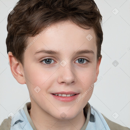 Joyful white child male with short  brown hair and grey eyes