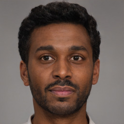 Neutral black young-adult male with short  black hair and brown eyes