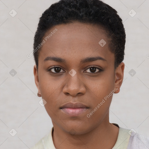 Neutral black young-adult female with short  black hair and brown eyes