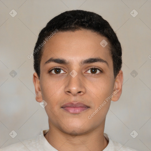 Neutral latino young-adult male with short  black hair and brown eyes