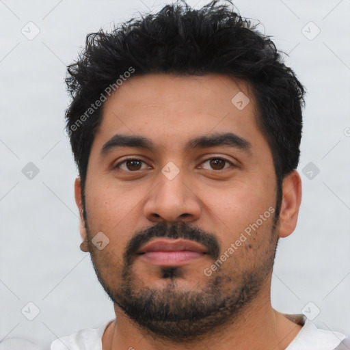 Neutral latino young-adult male with short  black hair and brown eyes