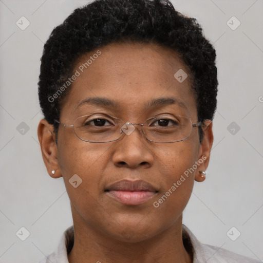 Neutral black adult female with short  brown hair and brown eyes