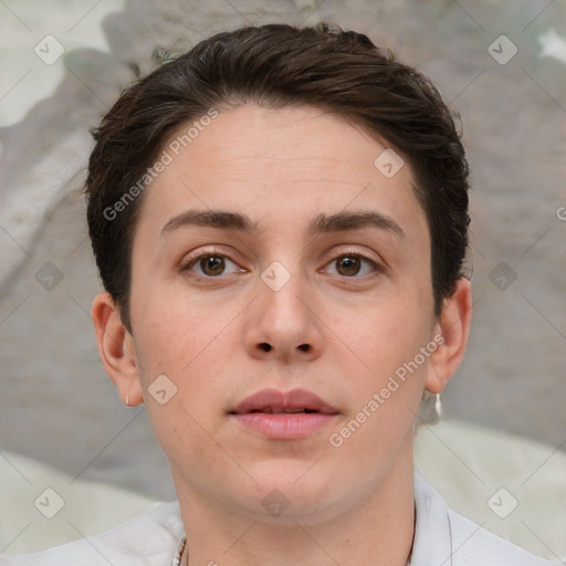 Neutral white young-adult female with short  brown hair and brown eyes