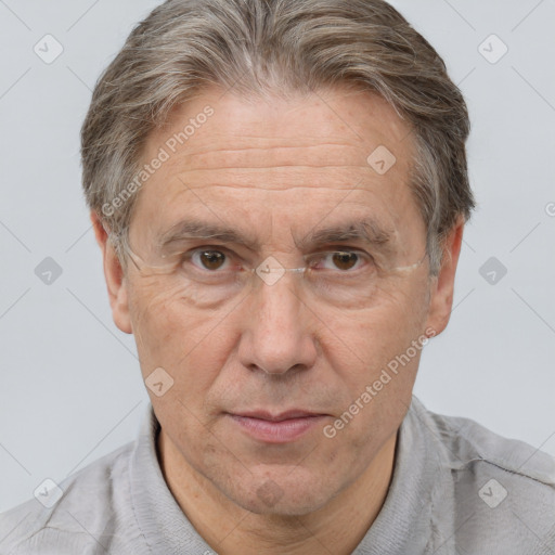 Joyful white middle-aged male with short  brown hair and brown eyes