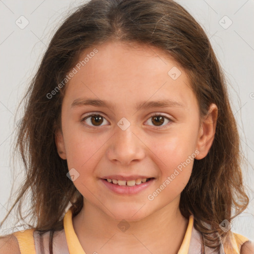 Joyful white child female with medium  brown hair and brown eyes