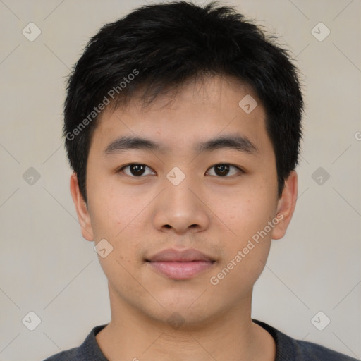 Neutral asian young-adult male with short  brown hair and brown eyes