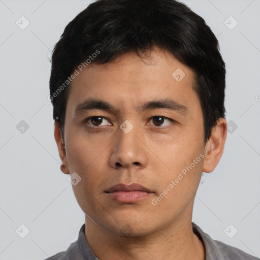 Neutral asian young-adult male with short  black hair and brown eyes