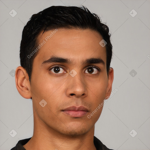 Neutral latino young-adult male with short  black hair and brown eyes