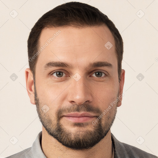 Neutral white young-adult male with short  brown hair and brown eyes