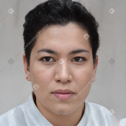 Joyful asian young-adult female with short  brown hair and brown eyes