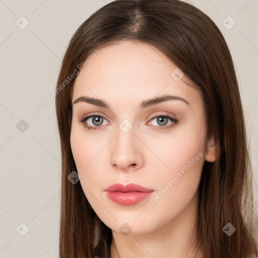 Neutral white young-adult female with long  brown hair and brown eyes