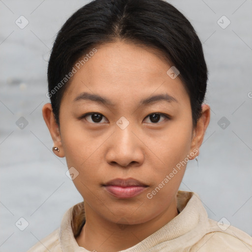 Neutral asian young-adult female with short  brown hair and brown eyes