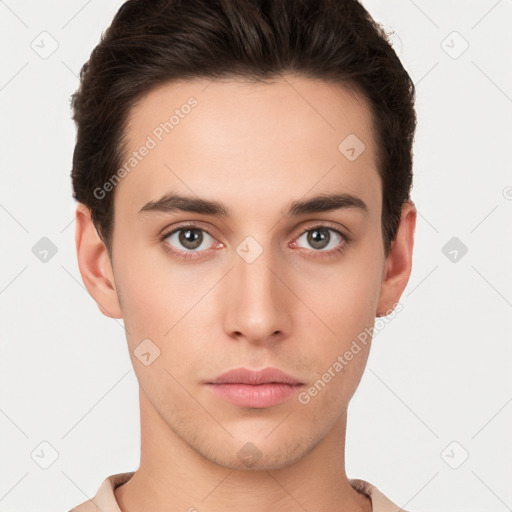 Neutral white young-adult male with short  brown hair and brown eyes